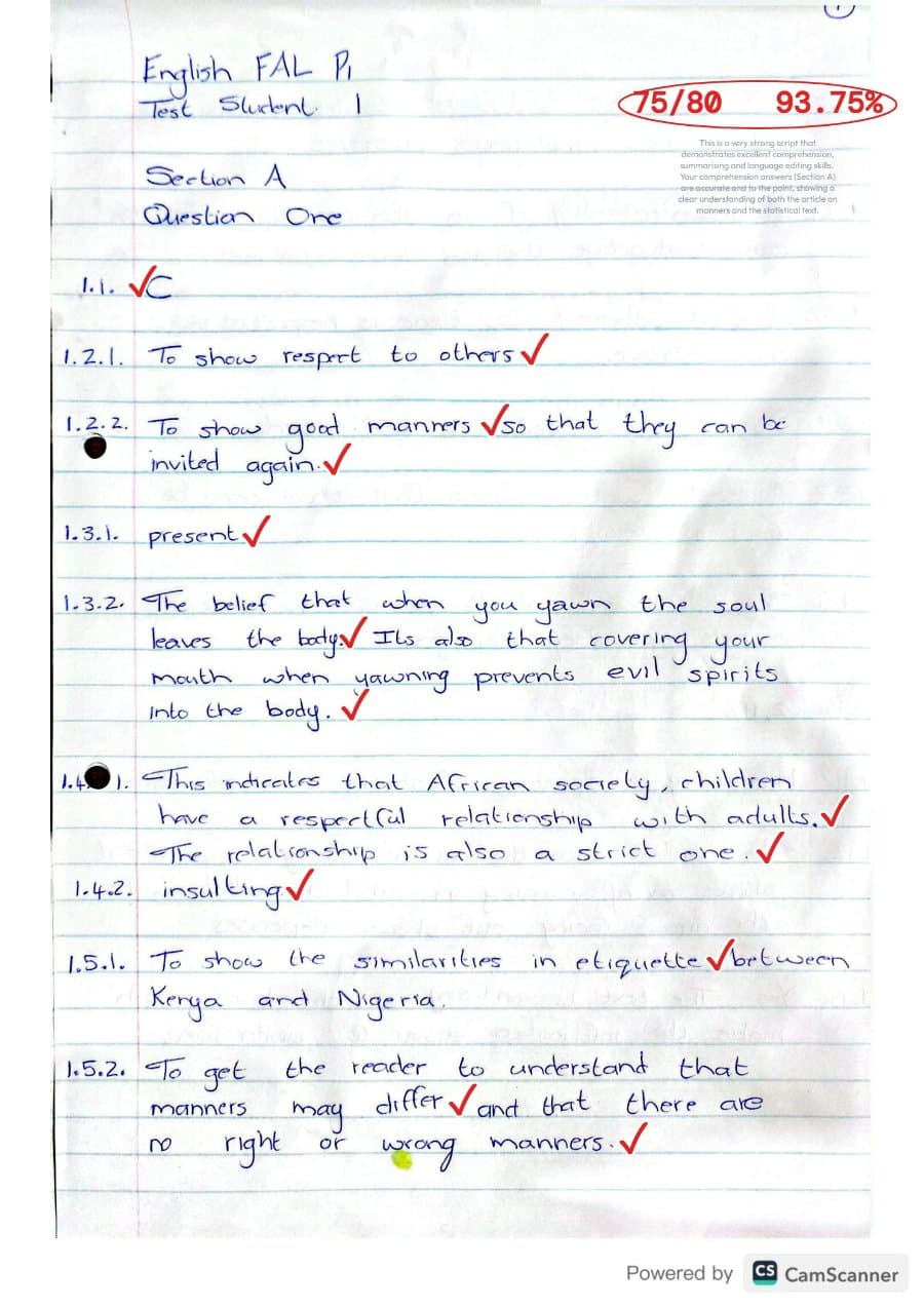 Page one of an English First Additional Language Paper 1 test marked by ExamMark AI, showing red ticks against each answer and a final mark of 75 out of 80 circled at the top.