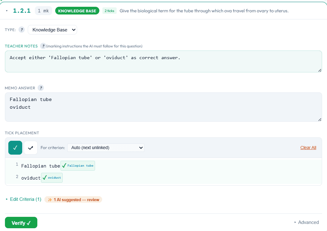A question in ExamMark AI accepting either "Fallopian tube" or "oviduct" as correct, with a Verify action