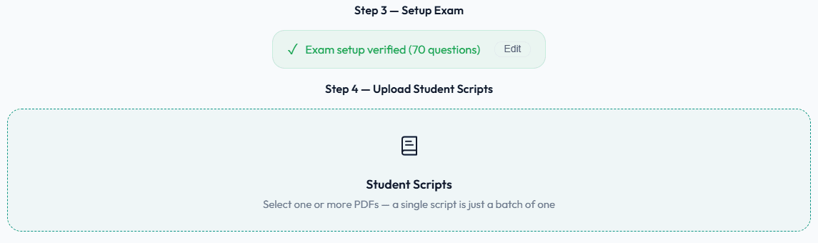 ExamMark AI showing exam setup verified for 70 questions, above the student script upload area